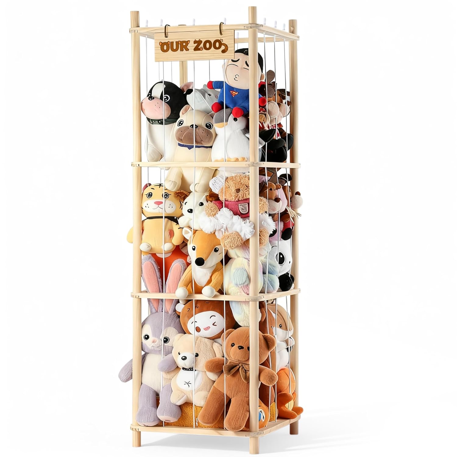 Child accessing plush toys from LAMU wooden storage tower