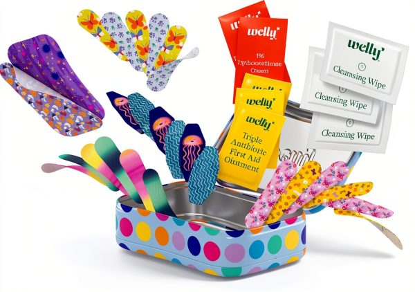 Welly First Aid Kit - Adhesive Bandages in Flexible Fabric and Waterproof, Singe Use Ointments (Triple Antibiotic, Cleansing Wipes and Hydrocortisone) - 70 Count-2