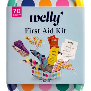 Welly First Aid Kit - Adhesive Bandages in Flexible Fabric and Waterproof, Singe Use Ointments (Triple Antibiotic, Cleansing Wipes and Hydrocortisone) - 70 Count-0