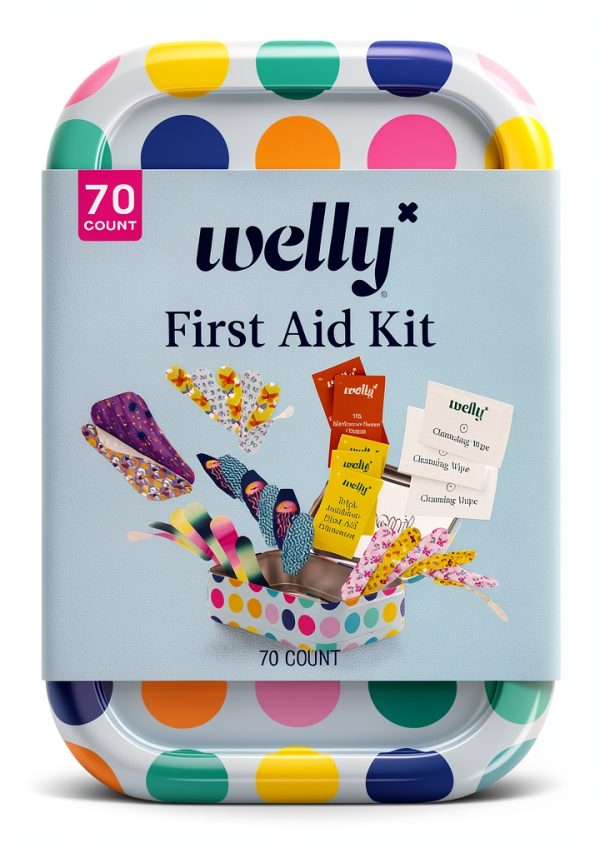 Welly First Aid Kit - Adhesive Bandages in Flexible Fabric and Waterproof, Singe Use Ointments (Triple Antibiotic, Cleansing Wipes and Hydrocortisone) - 70 Count-0